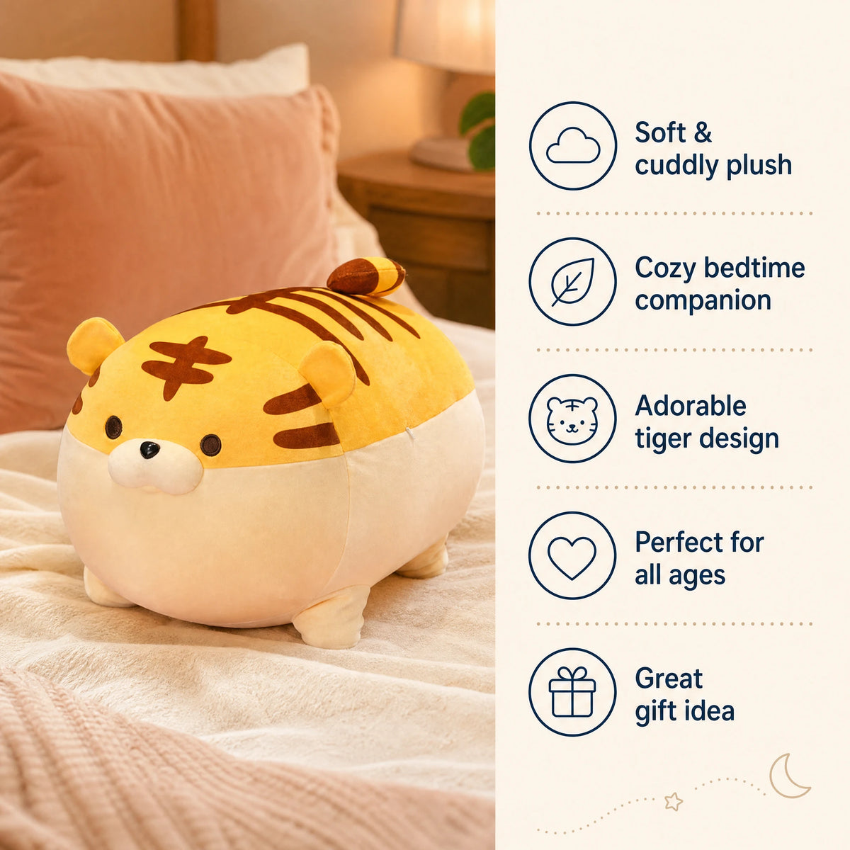 Chubby Tiger Plush with Striped Pattern and Soft Fill - Bénéfices produit