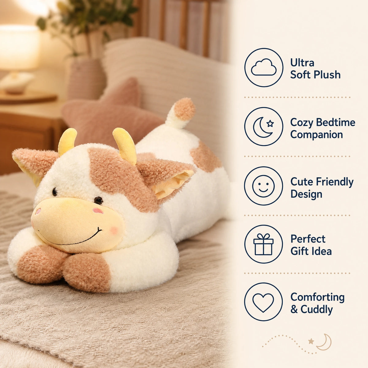 Cow Plush Pillow with Soft Fluffy Texture in Lying Position - Bénéfices produit