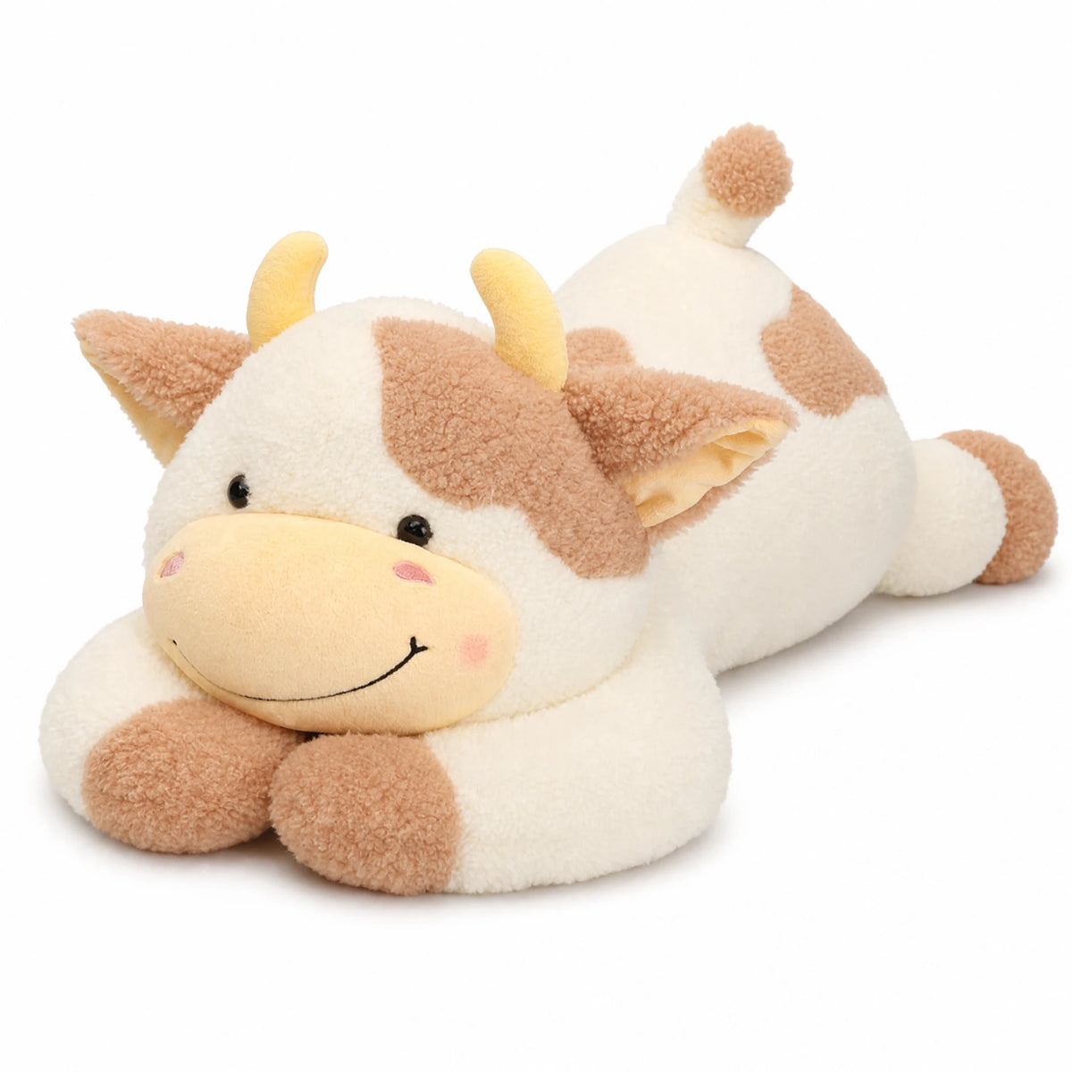 Cow Plush Pillow with Soft Fluffy Texture in Lying Position - Fond blanc