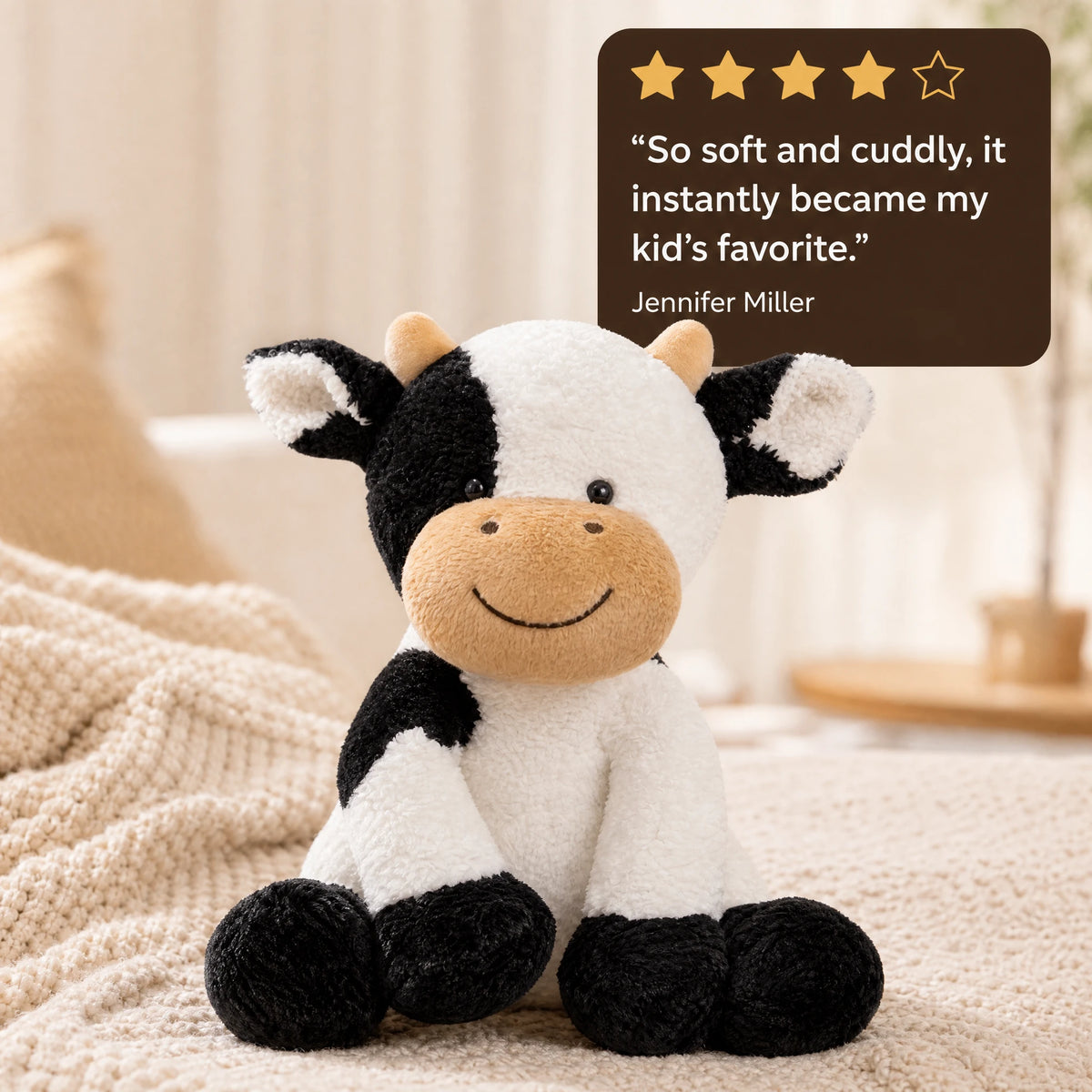 Cow Plush Toy with Smiling Face and Soft Fur - Image témoignage