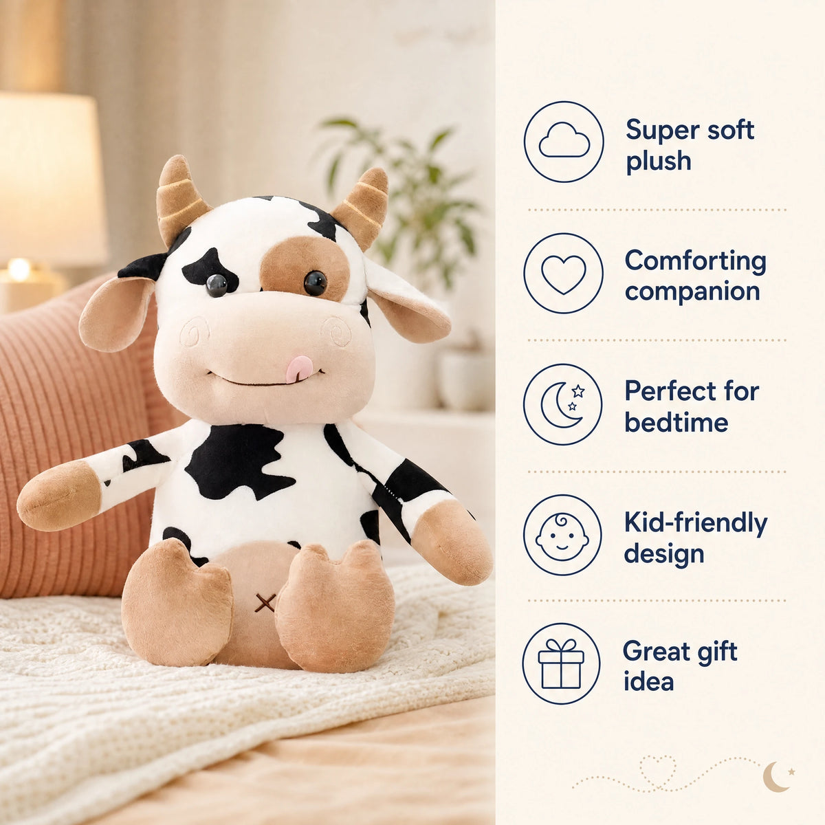 Cow Plush with Black and White Spotted Pattern - Bénéfices produit
