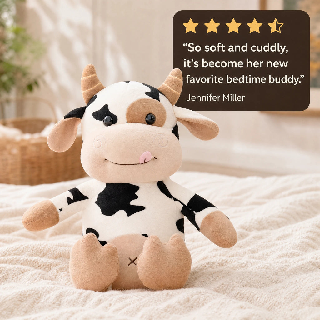 Cow Plush with Black and White Spotted Pattern - Image témoignage