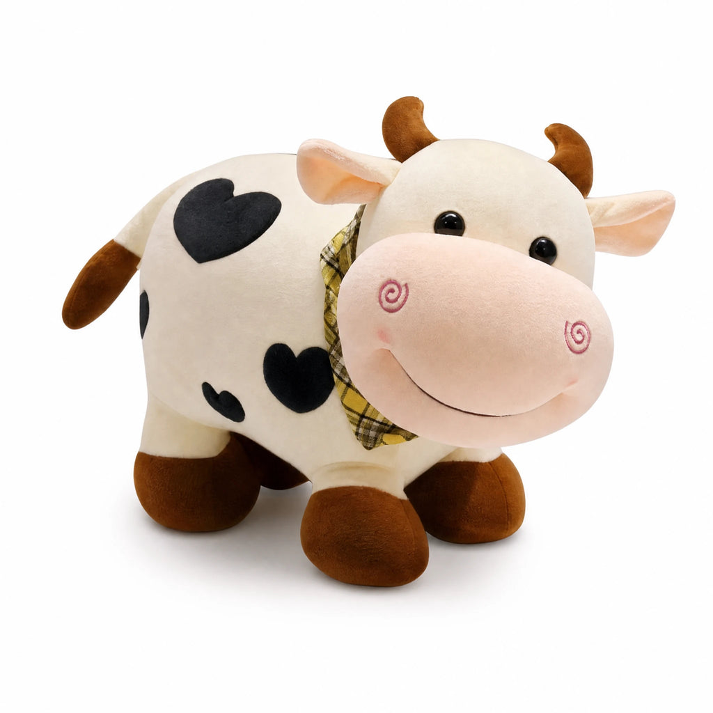 Cow Plush with Heart Pattern and Sweet Expression - Fond blanc