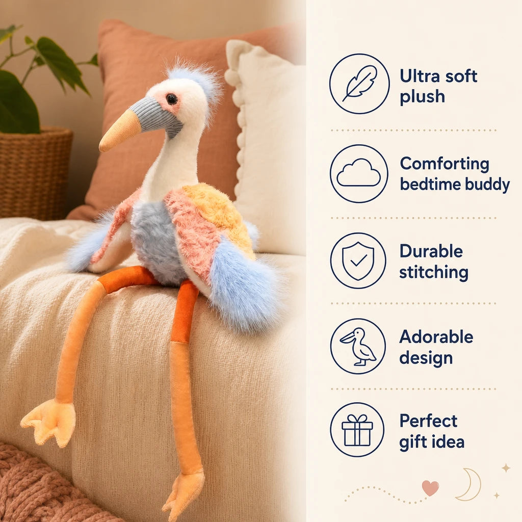 Crane Plush Toy with Long Legs and Fluffy Pastel Wings - Bénéfices produit