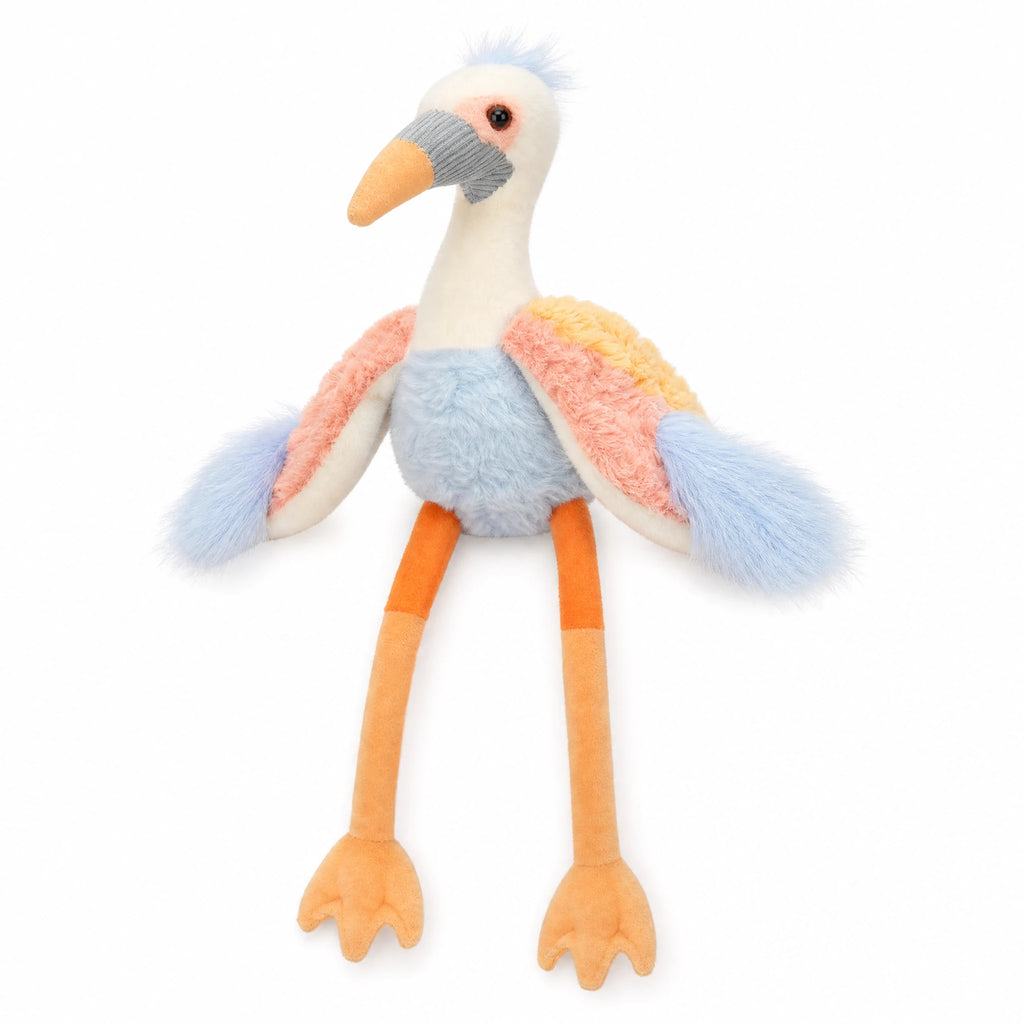 Crane Plush Toy with Long Legs and Fluffy Pastel Wings - Fond blanc