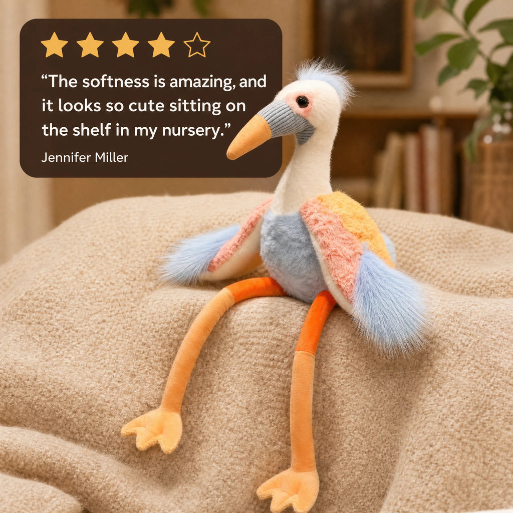 Crane Plush Toy with Long Legs and Fluffy Pastel Wings - Image témoignage