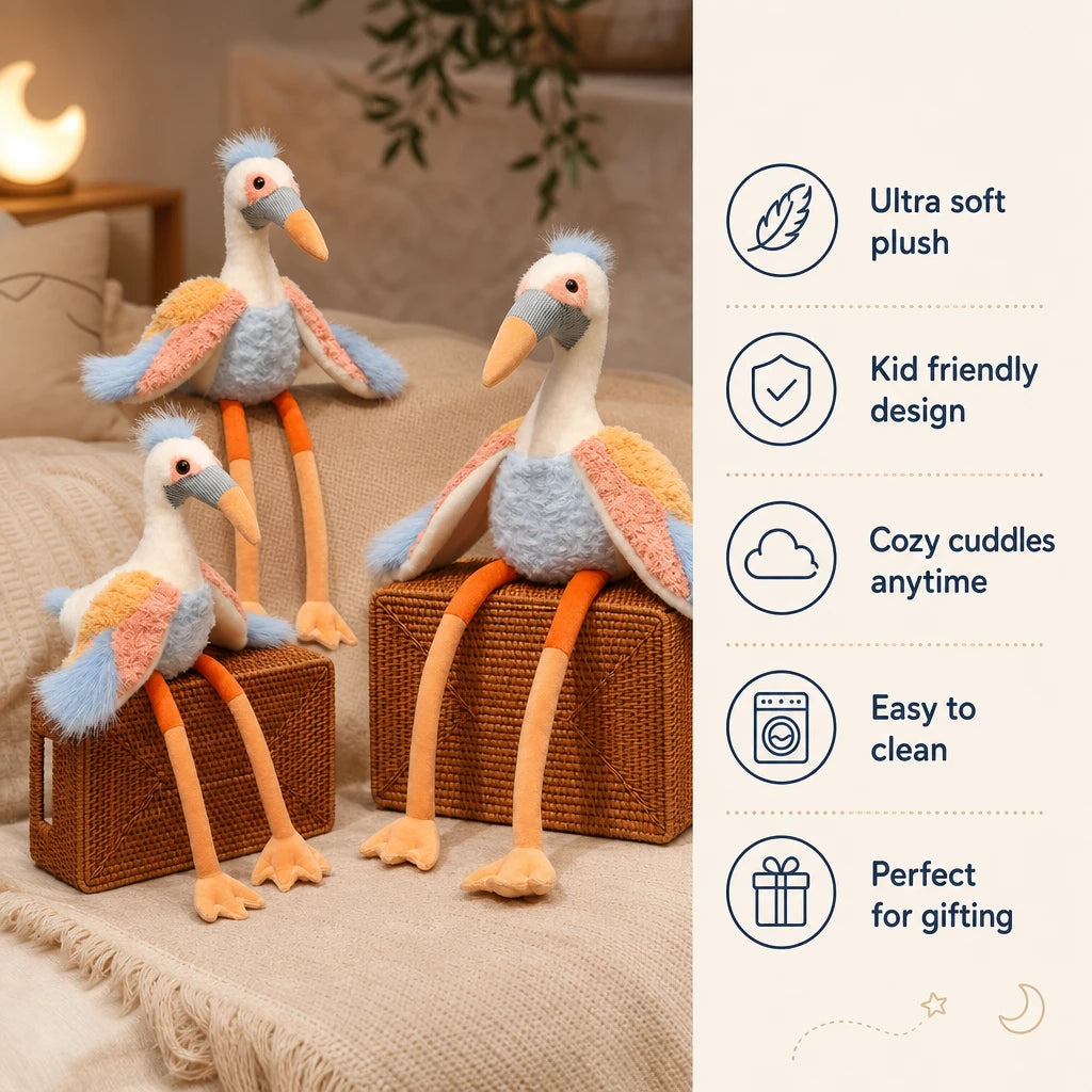 Crane Plush with Long Legs and Pastel Wings - Bénéfices produit