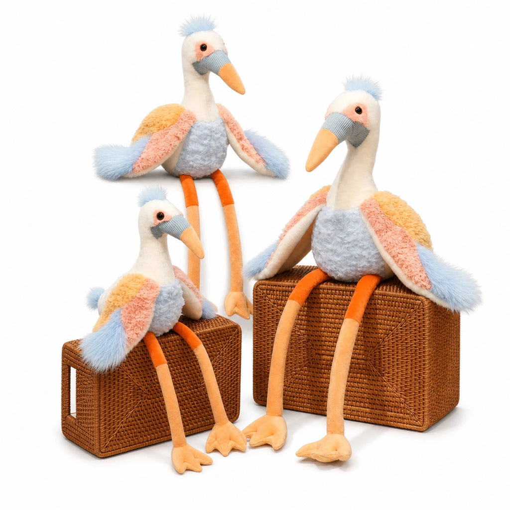 Crane Plush with Long Legs and Pastel Wings - Fond blanc