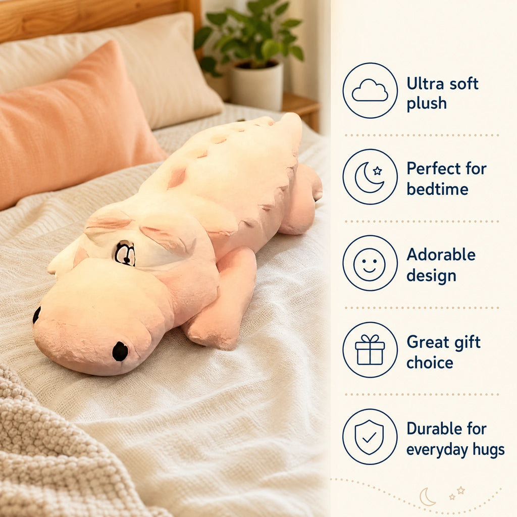 Crocodile Plush in Soft Pink with Oversized Body - Bénéfices produit
