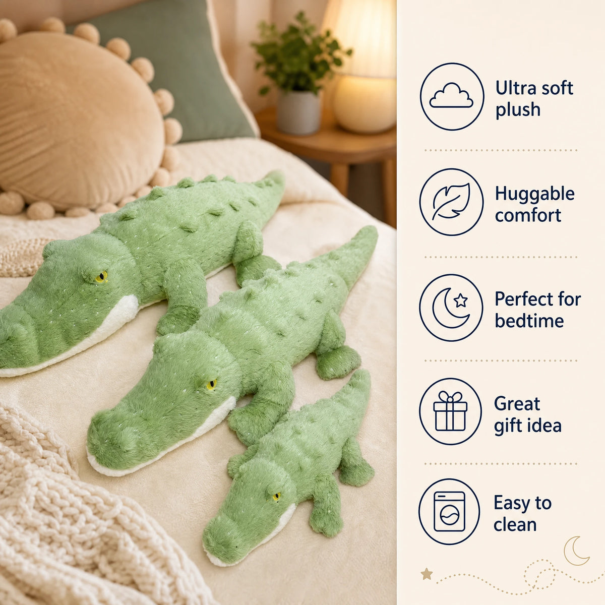 Crocodile Plush Toy in Soft Green with Textured Details - Bénéfices produit