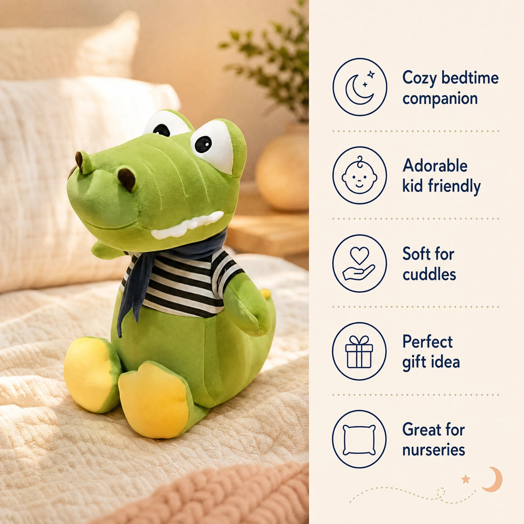 Crocodile Plush with Striped Shirt and Scarf - Bénéfices produit