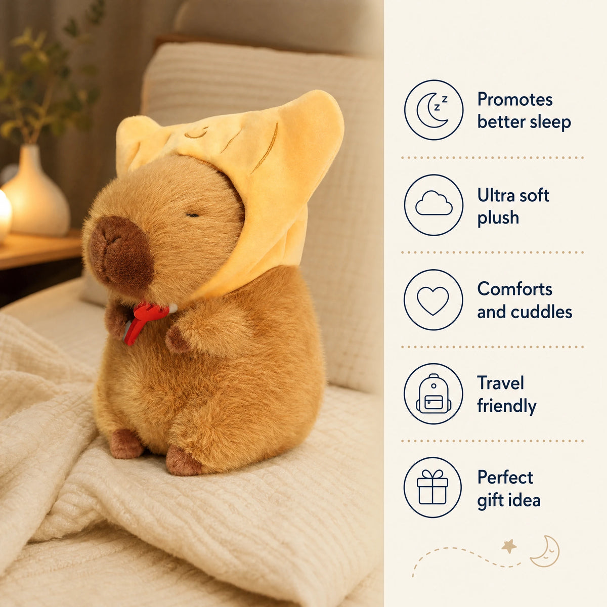 Croissant Capybara Plush with Removable Pastry Hood - Bénéfices produit
