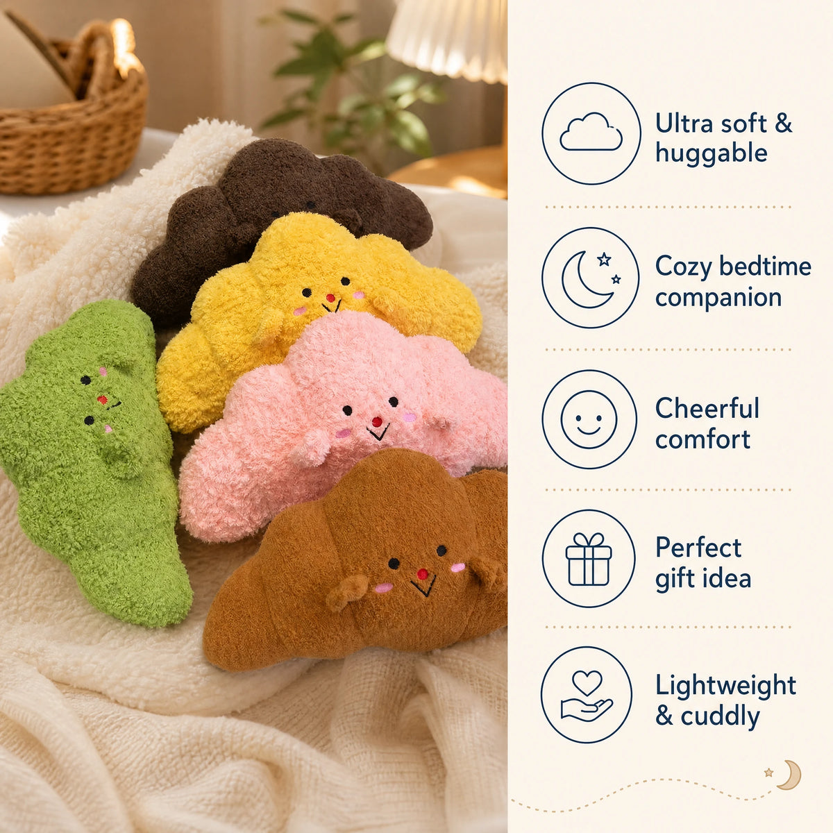 Croissant Plush with Embroidered Face and Fluffy Texture - Bénéfices produit