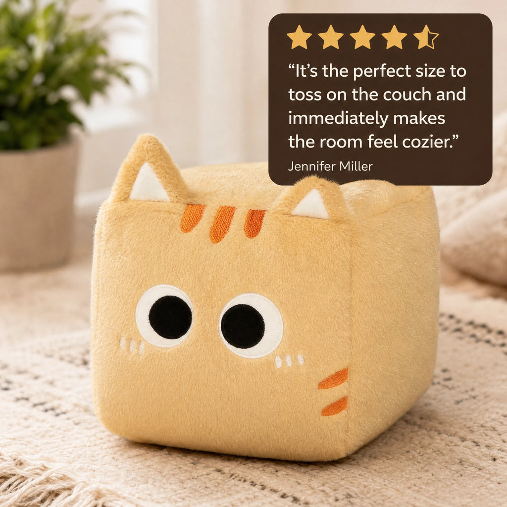 Cube Cat Plush with Soft Fluffy Fur and Big Eyes - Image témoignage