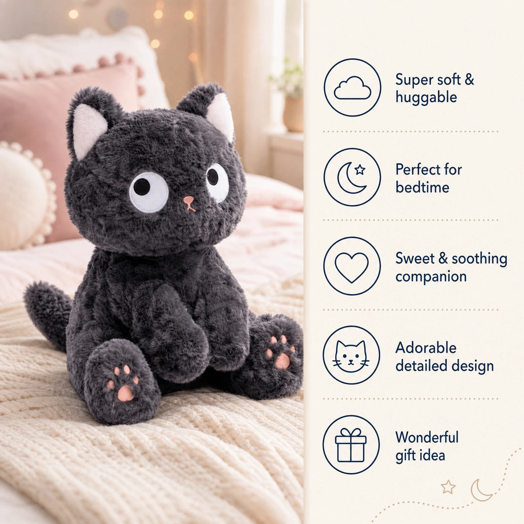 Cute Black Cat Plush with Big Innocent Eyes and Fluffy Fur - Bénéfices produit