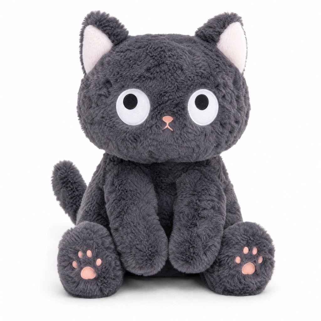 Cute Black Cat Plush with Big Innocent Eyes and Fluffy Fur - Fond blanc