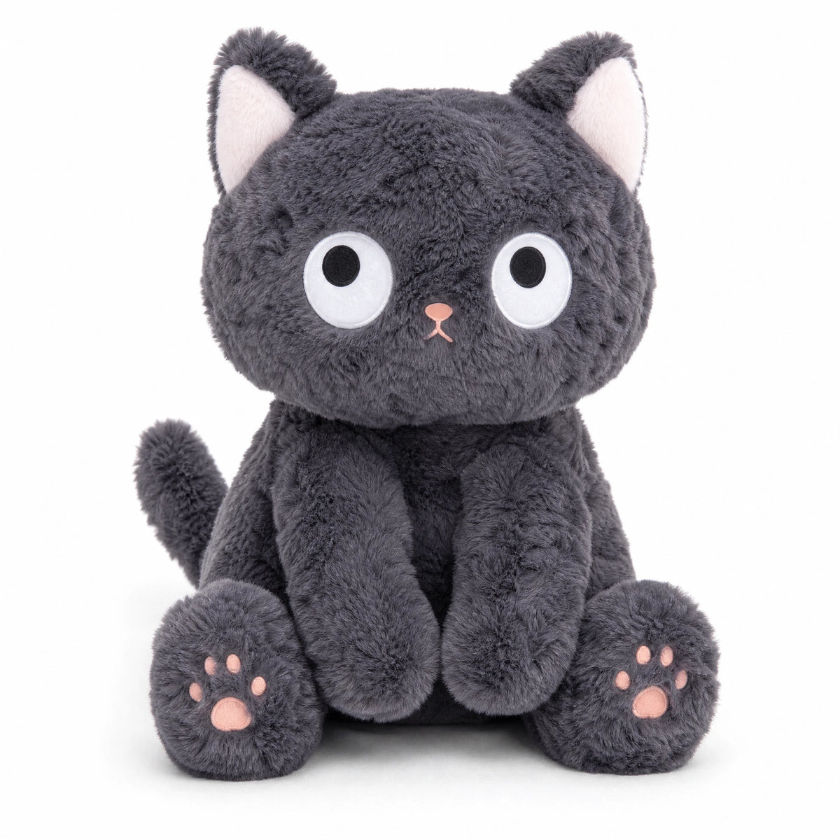 Cute Black Cat Plush with Big Innocent Eyes and Fluffy Fur - Fond blanc