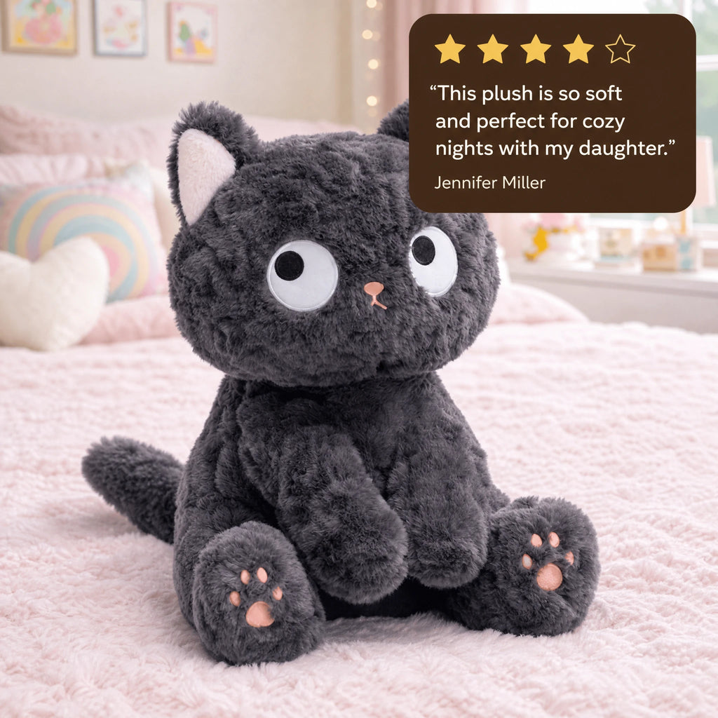 Cute Black Cat Plush with Big Innocent Eyes and Fluffy Fur - Image témoignage