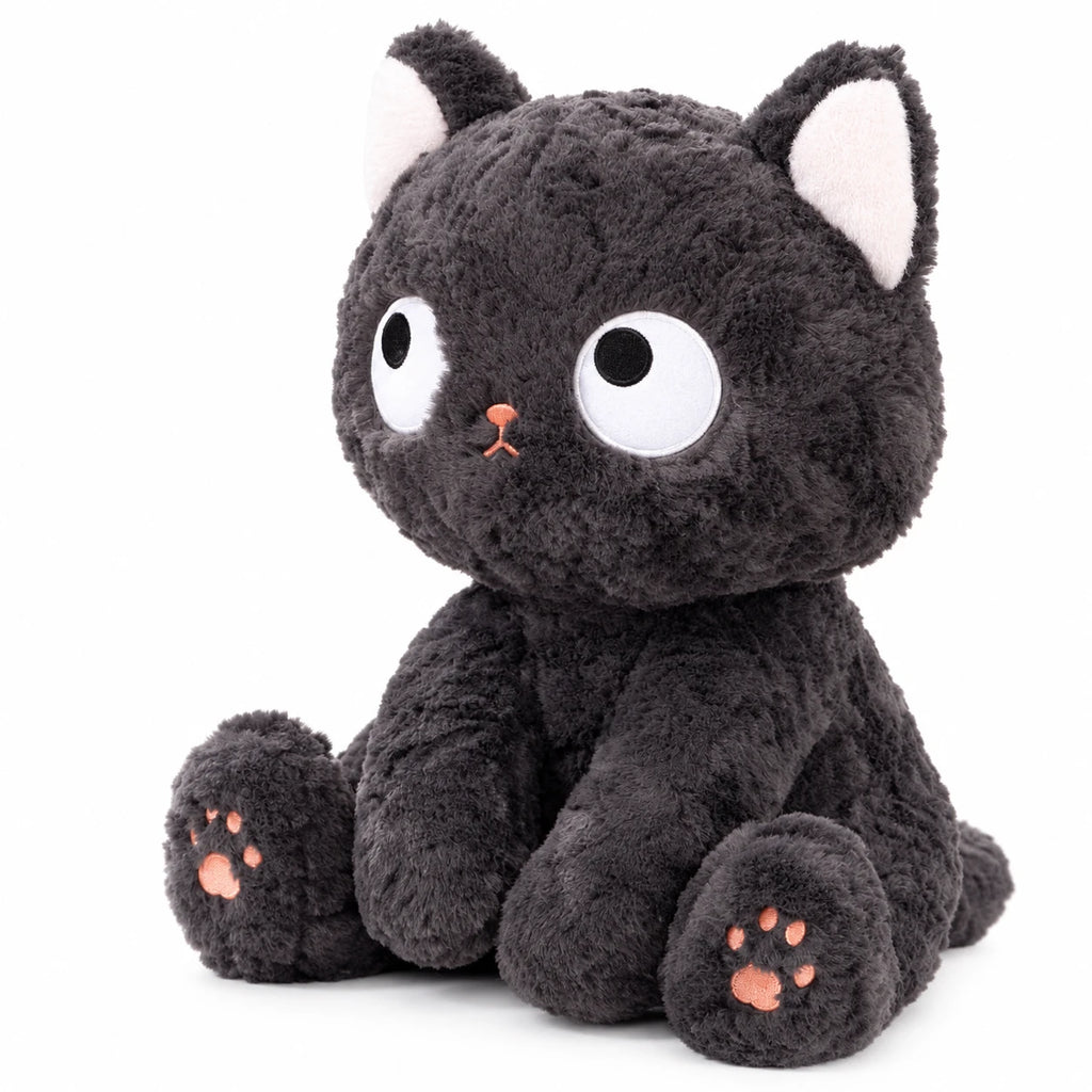 Cute Black Cat Plush with Big Innocent Eyes and Fluffy Fur - Sitting Down / 7in / 20cm … (3 tailles)