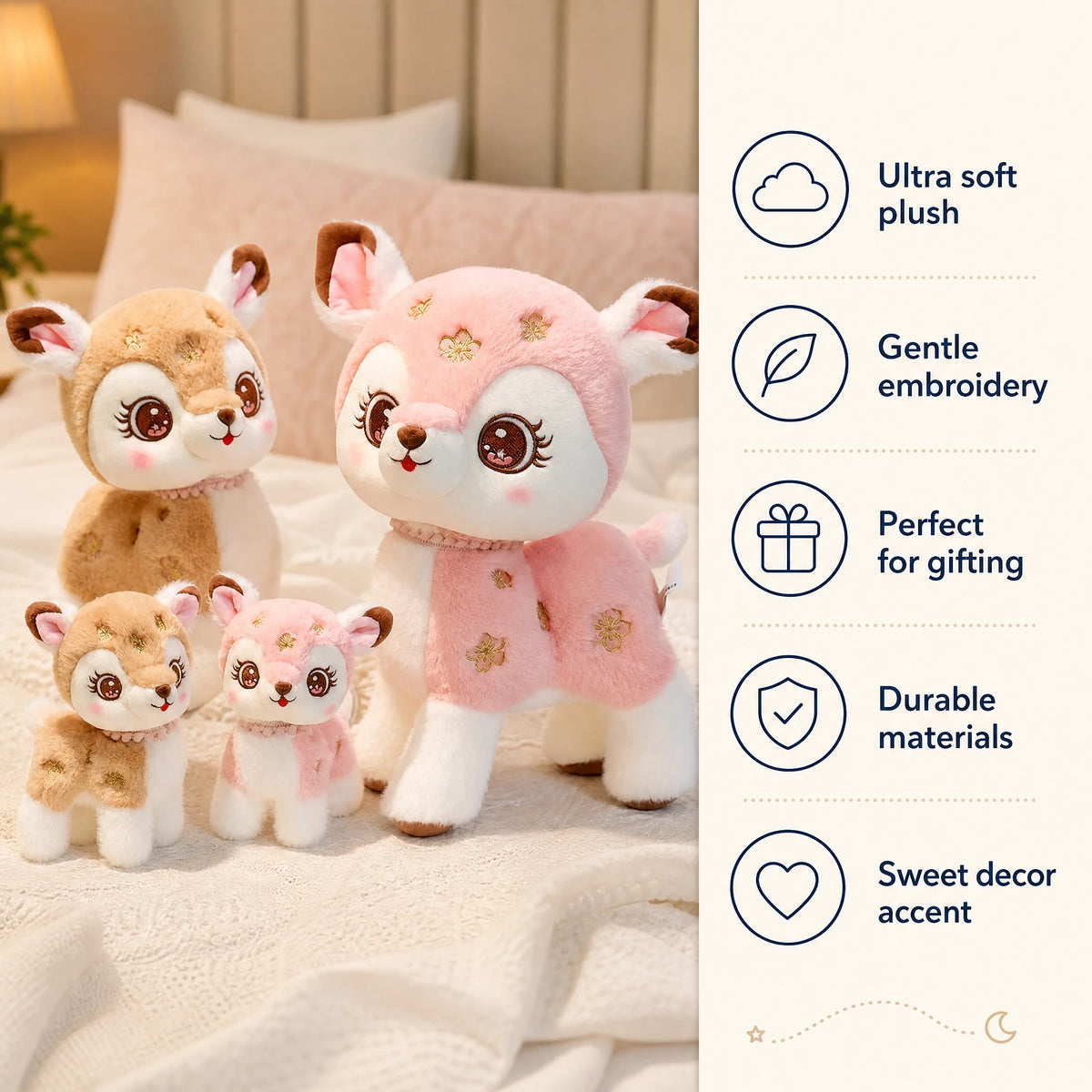 Deer Plush Toy with Sakura Blossom Embroidery - Bénéfices produit