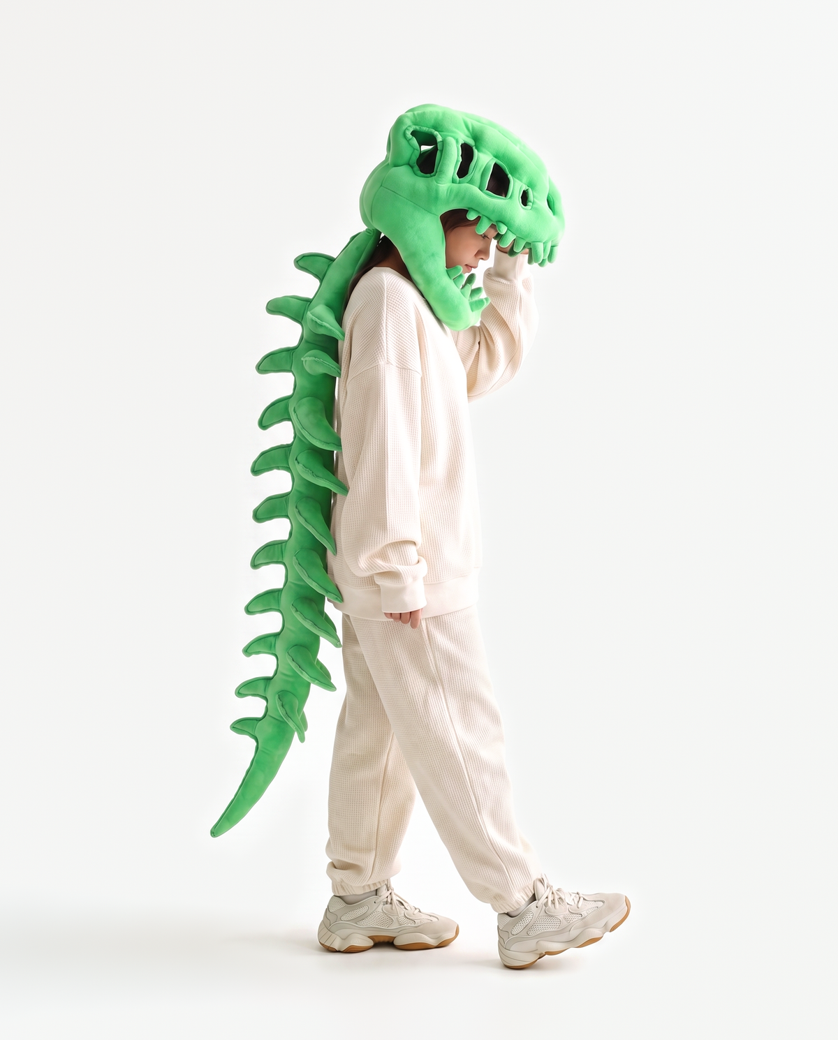 Green Dinosaur Skeleton Costume, front view side view walking
