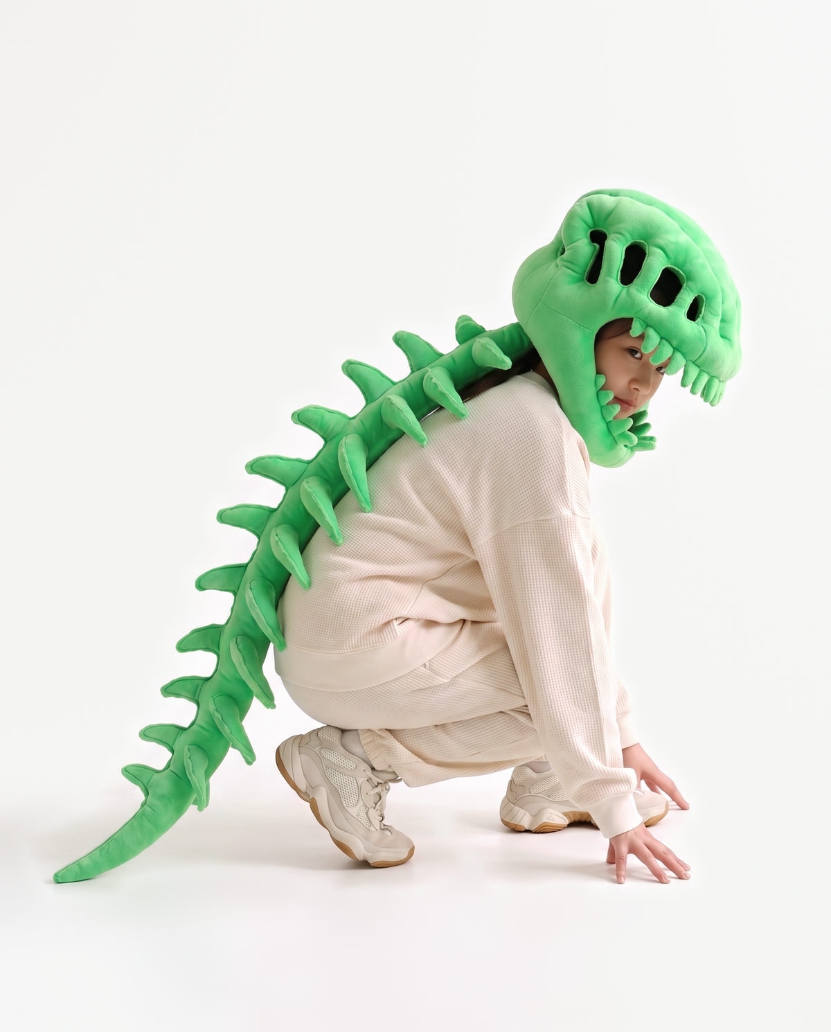 Green Dinosaur Skeleton Costume, crouching