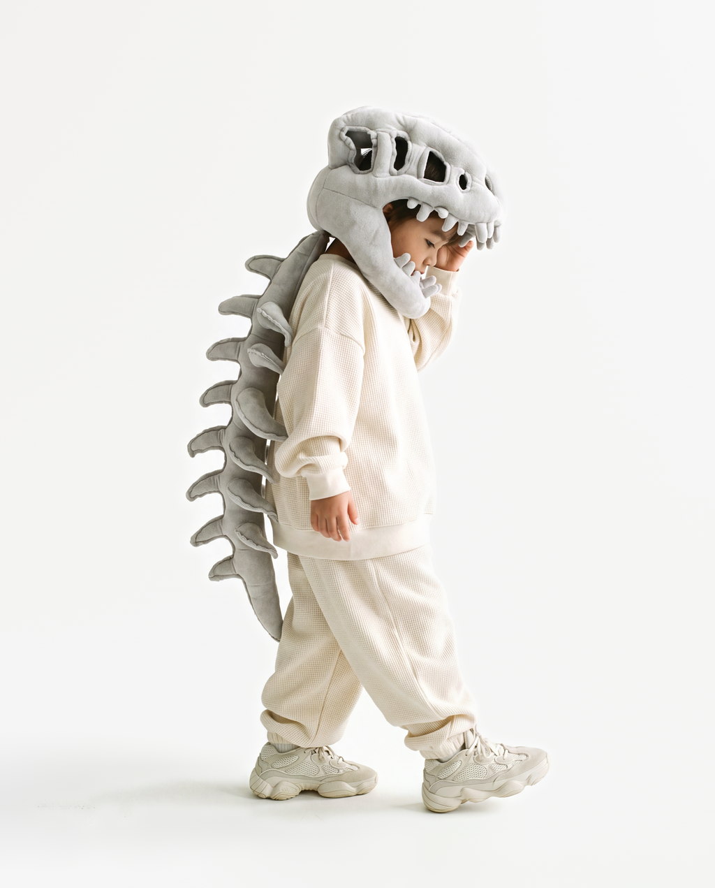 Grey Dinosaur Skeleton Costume, side view walking