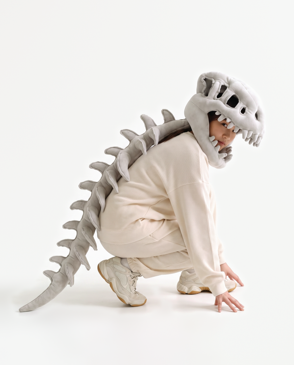 Grey Dinosaur Skeleton Costume, crouching