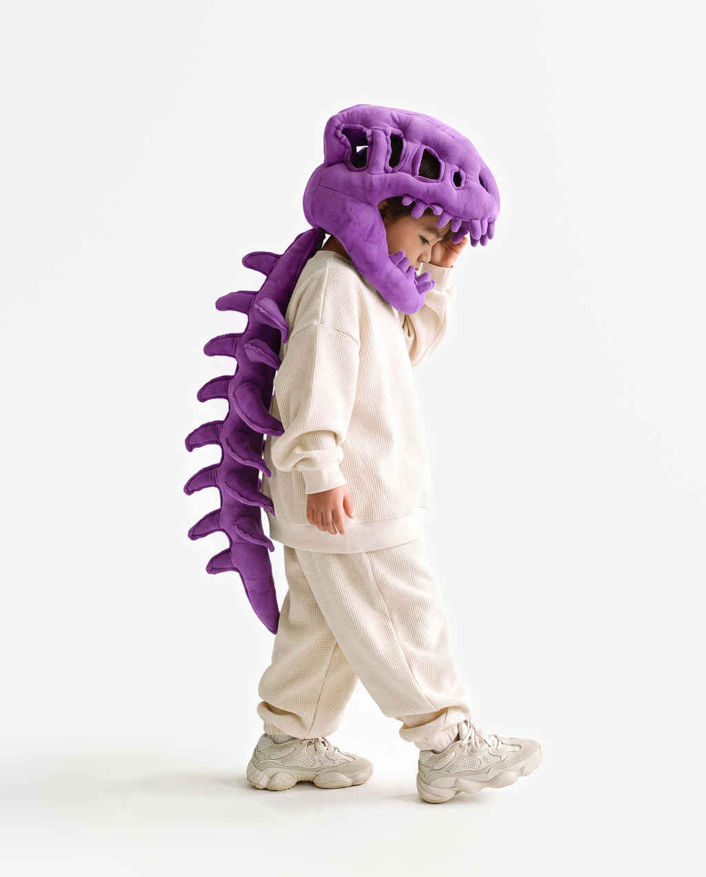 Purple Dinosaur Skeleton Costume, side view hand on hood