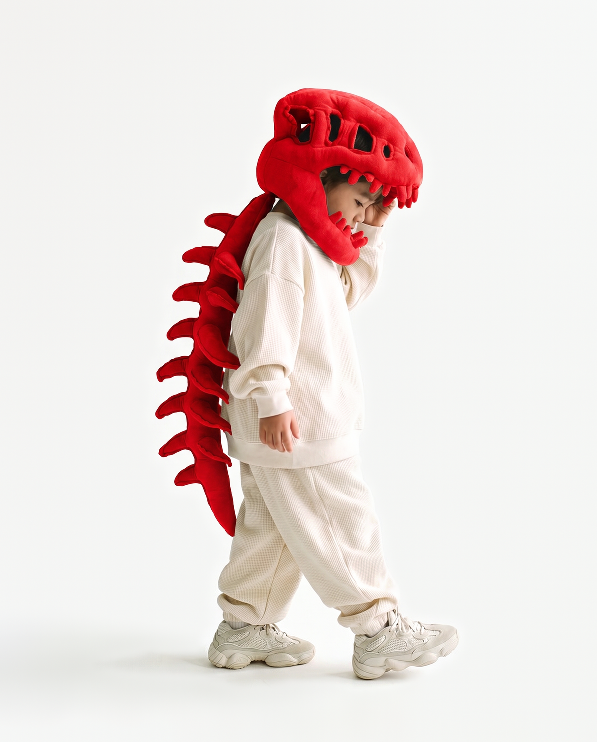 Red Dinosaur Skeleton Costume, side view walking