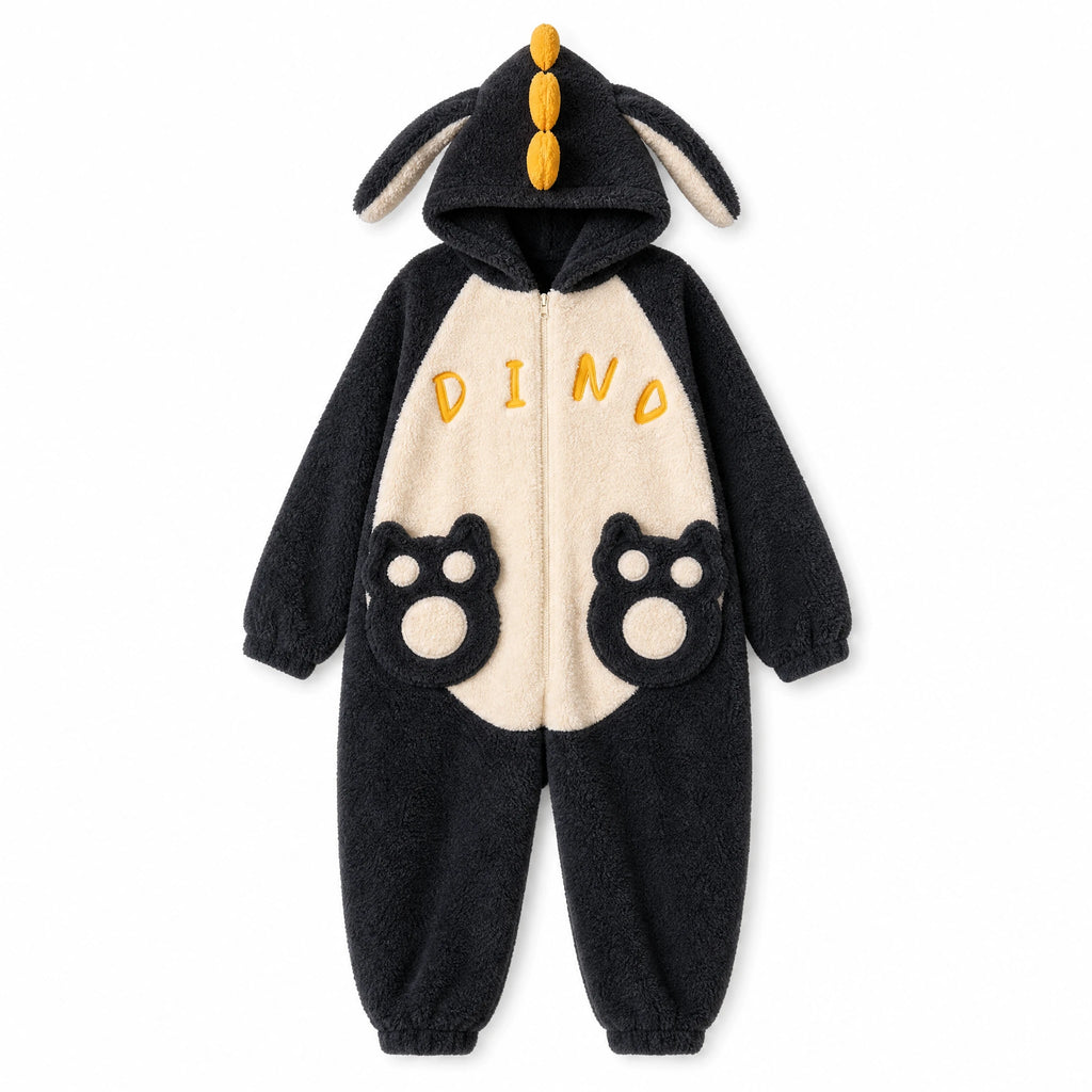 Dinosaur Onesie Pajamas with Hood and Paw Prints - Fond blanc