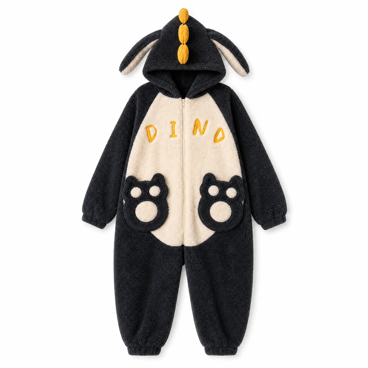 Dinosaur Onesie Pajamas with Hood and Paw Prints - Fond blanc