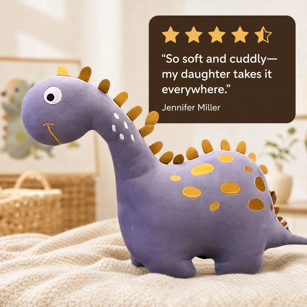 Dinosaur Plush Toy, Purple with Golden Spikes and Spots - Image témoignage