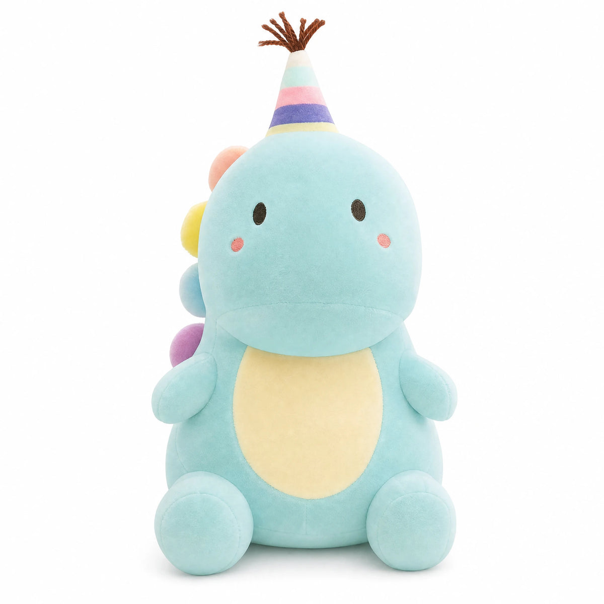 Dinosaur Plush Toy with Rainbow Party Hat and Pastel Colors - Fond blanc