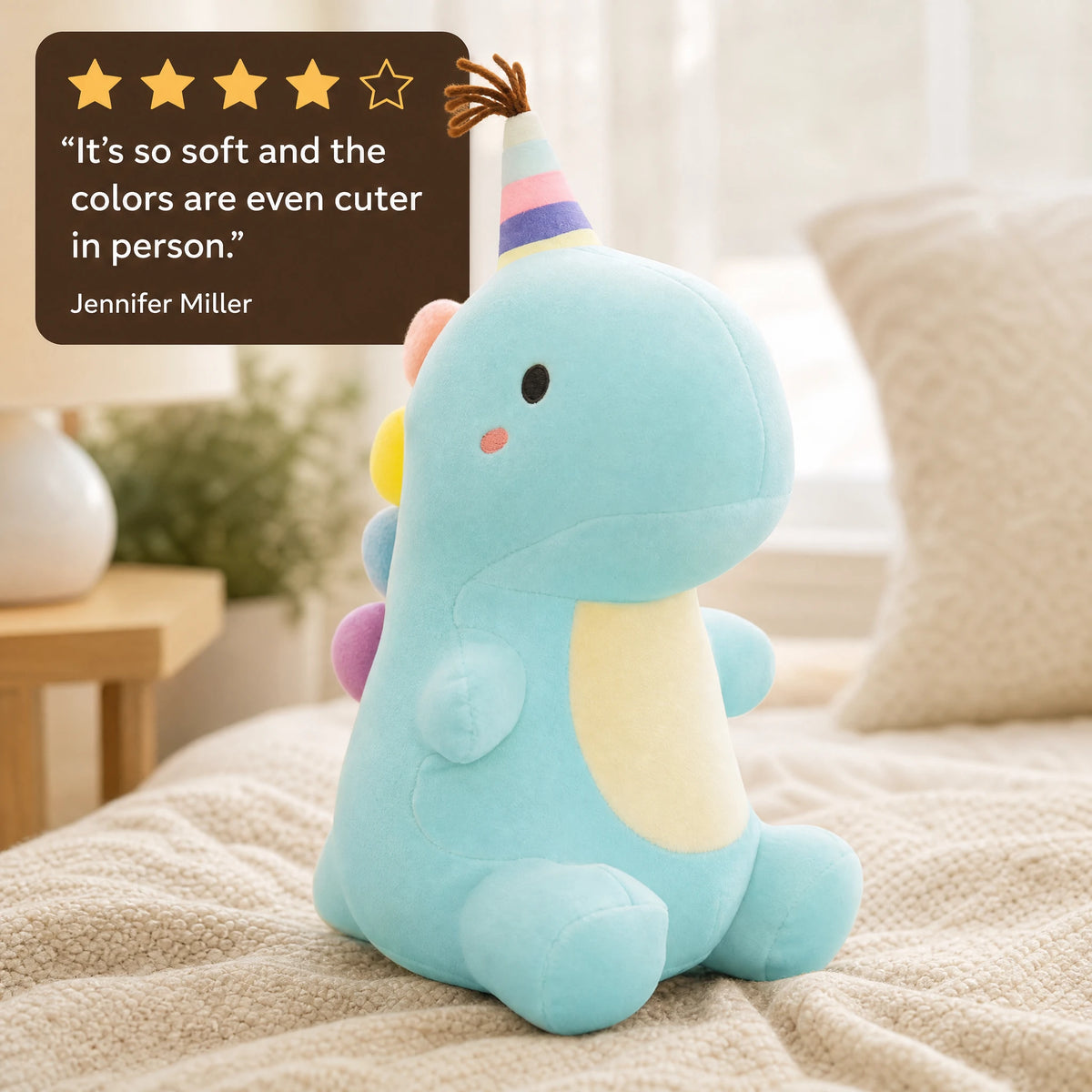 Dinosaur Plush Toy with Rainbow Party Hat and Pastel Colors - Image témoignage