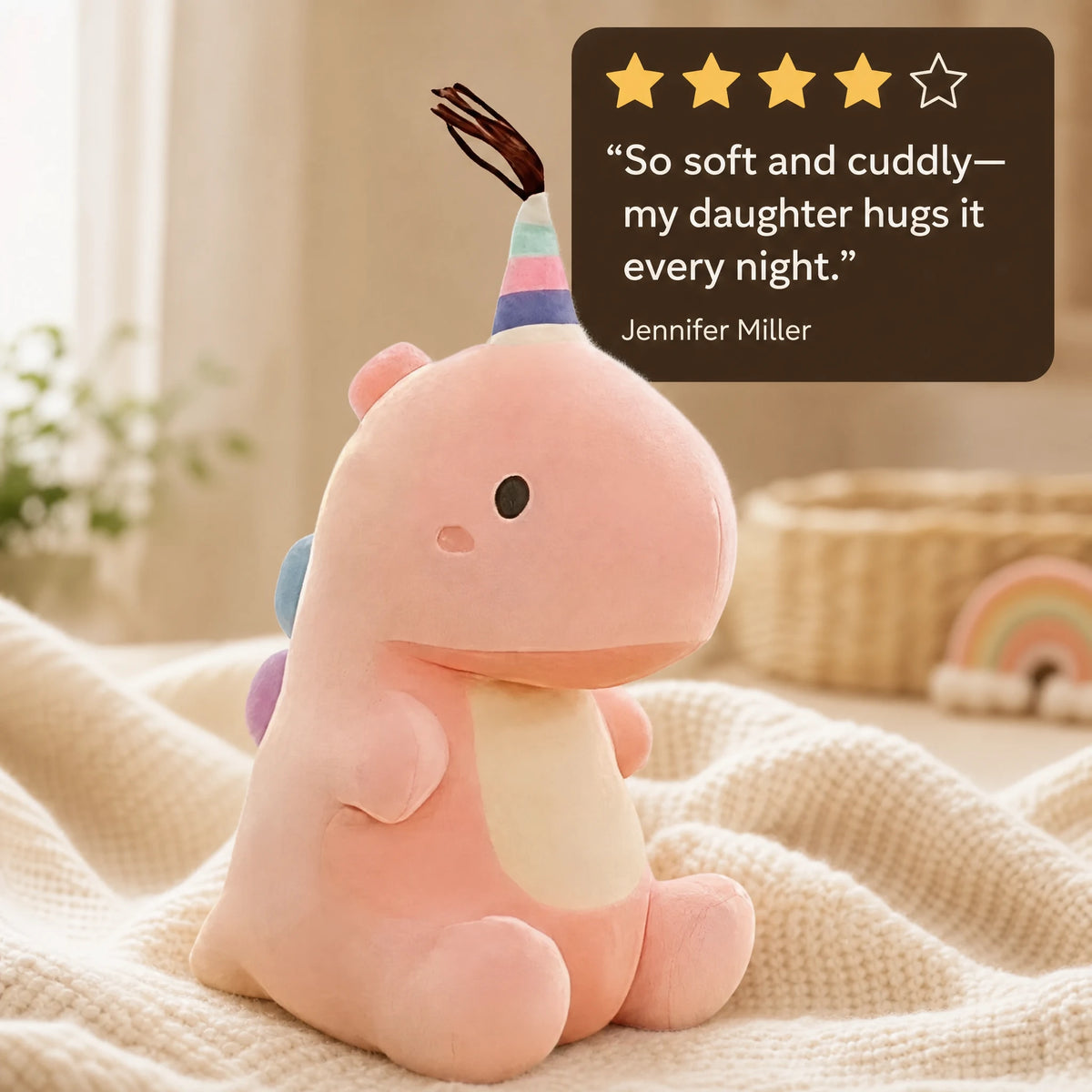 Dinosaur Plush with Rainbow Hat and Pastel Colors - Image témoignage
