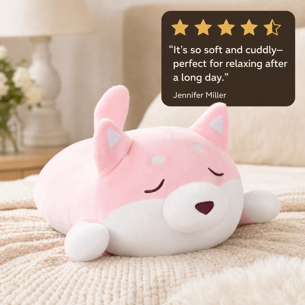 Dog Plush Toy Pink Sleeping Design with Closed Eyes - Image témoignage