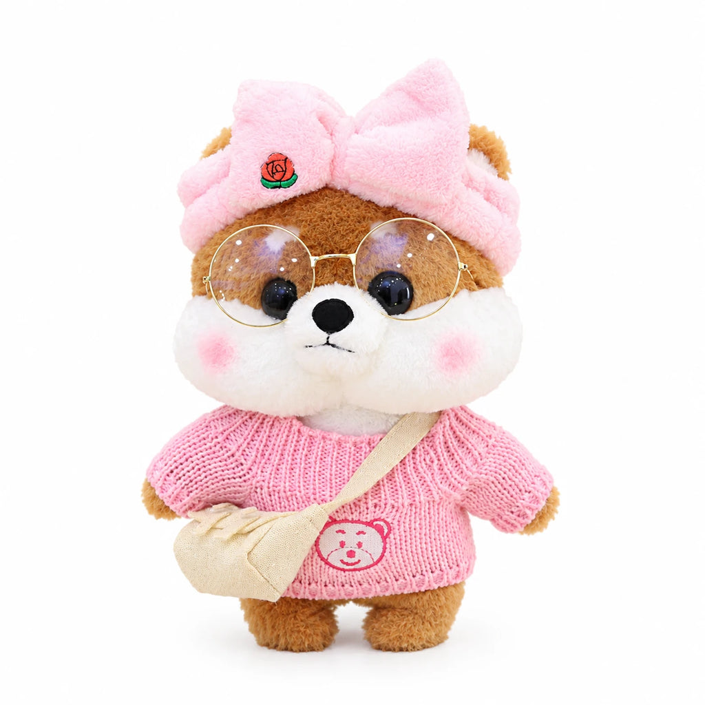 Dog Plush Toy, Shiba with Sunglasses and Outfit - Brown Pink Bow