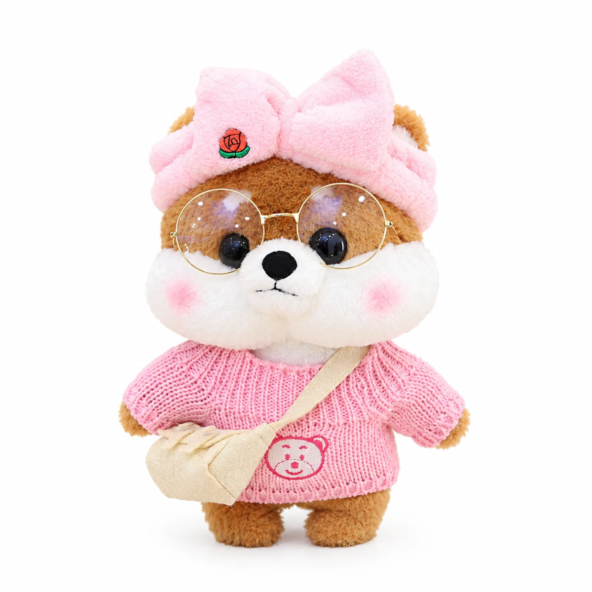 Dog Plush Toy, Shiba with Sunglasses and Outfit - Brown Pink Bow