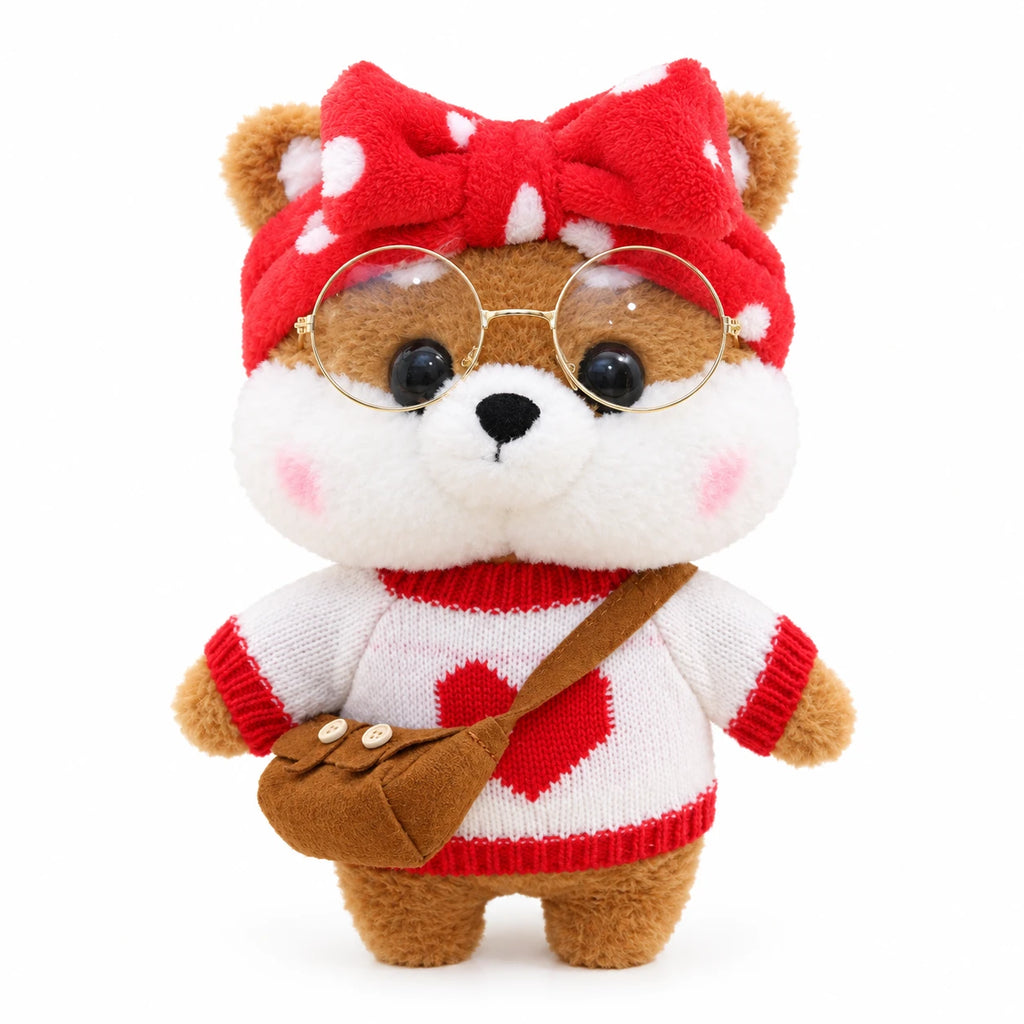 Dog Plush Toy, Shiba with Sunglasses and Outfit - Brown Red Bow