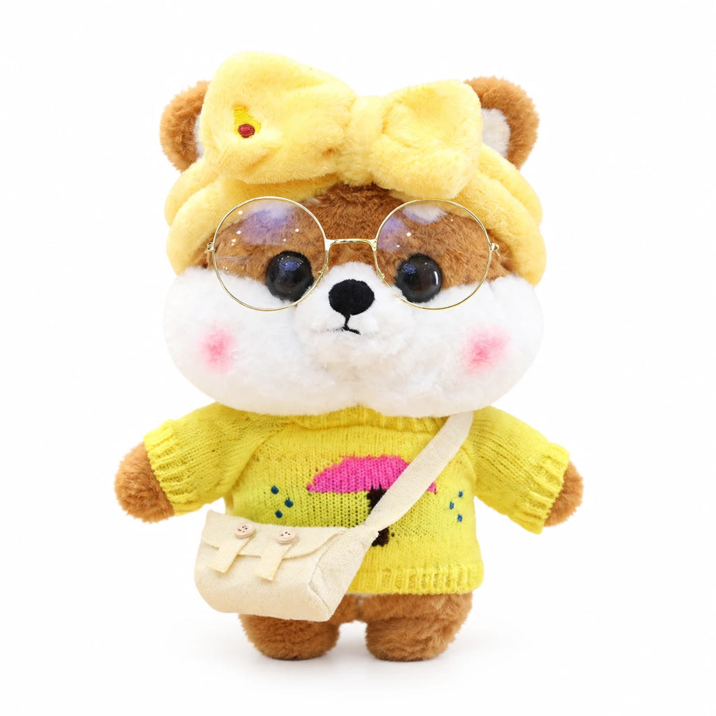 Dog Plush Toy, Shiba with Sunglasses and Outfit - Brown Yellow Bow