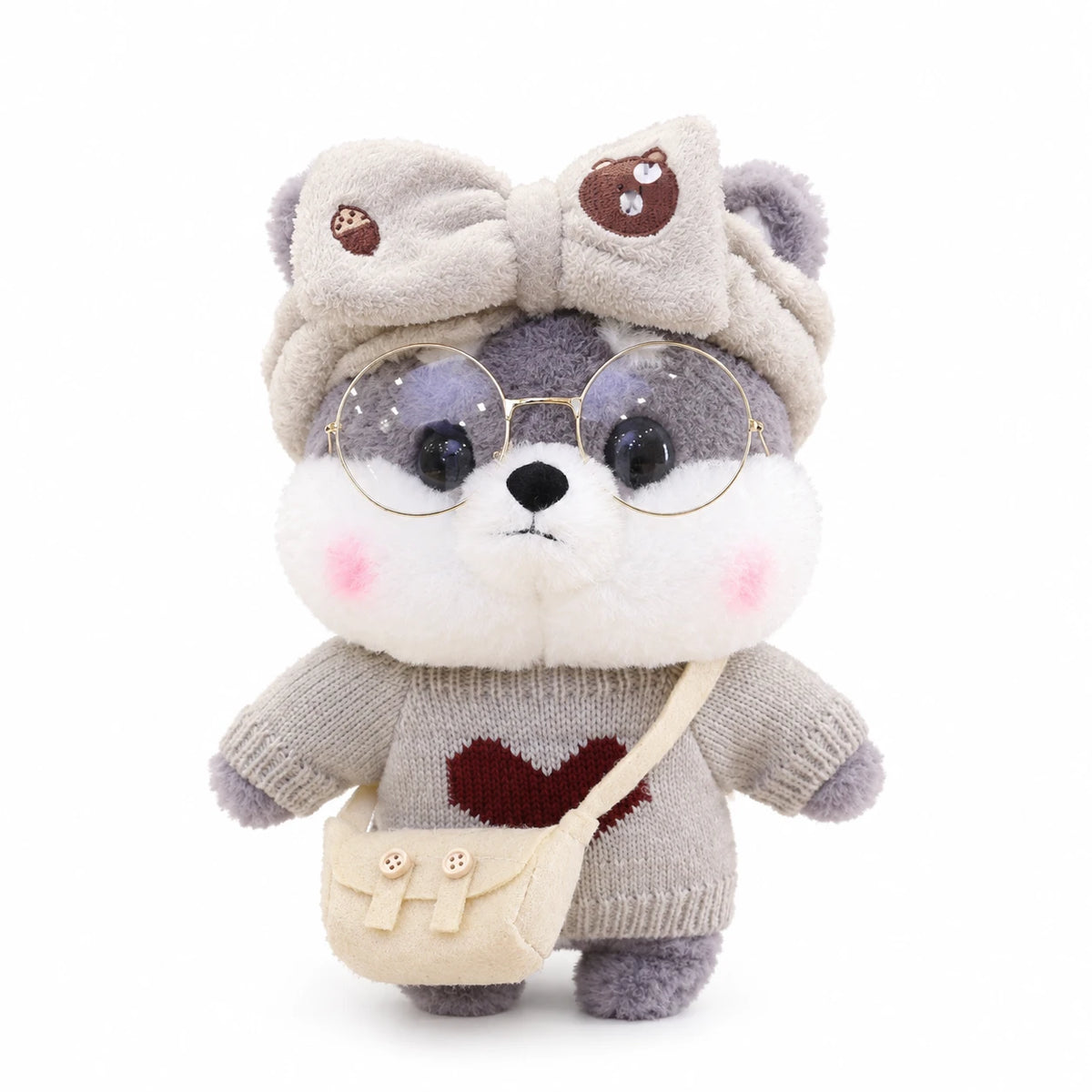 Dog Plush Toy, Shiba with Sunglasses and Outfit - Gray Grey Bow