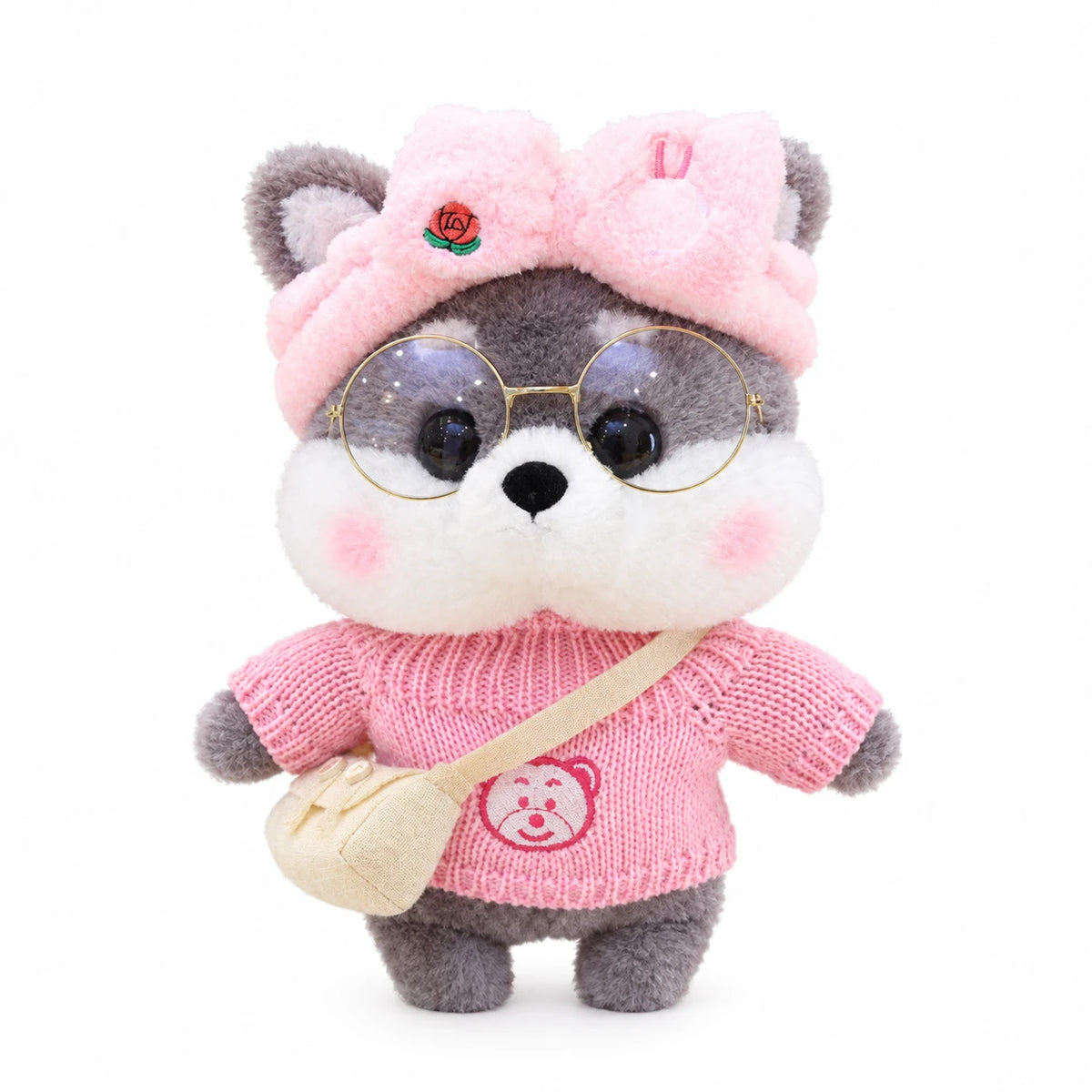 Dog Plush Toy, Shiba with Sunglasses and Outfit - Gray Pink Bow