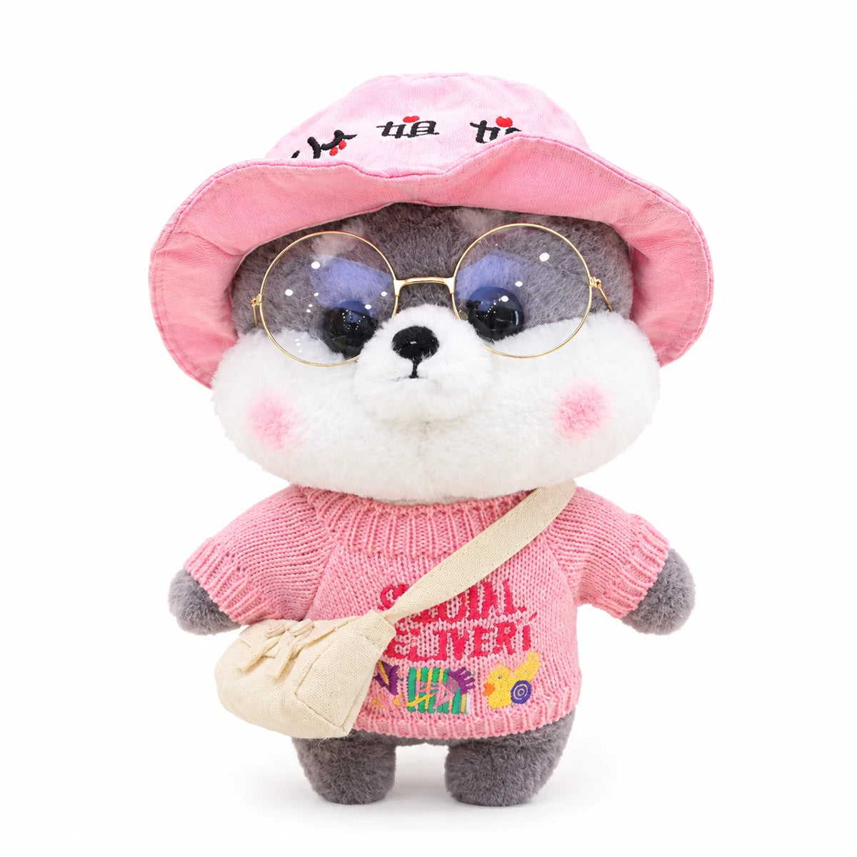 Dog Plush Toy, Shiba with Sunglasses and Outfit - Gray Pink Hat