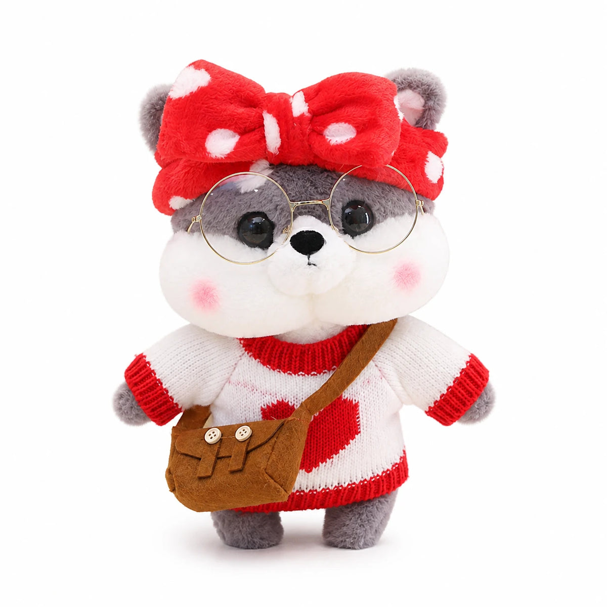Dog Plush Toy, Shiba with Sunglasses and Outfit - Gray Red Bow