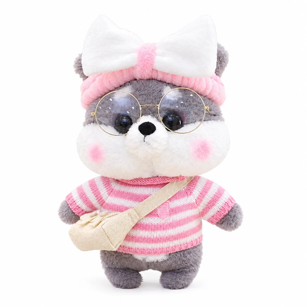 Dog Plush Toy, Shiba with Sunglasses and Outfit - Gray White Bow