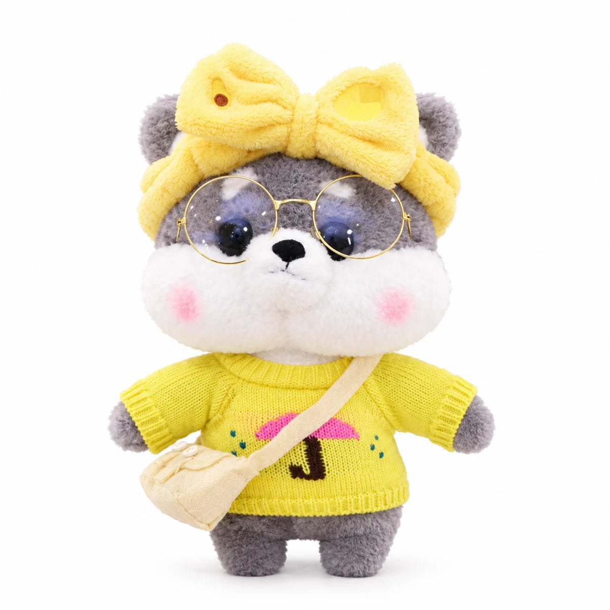 Dog Plush Toy, Shiba with Sunglasses and Outfit - Gray Yellow Bow