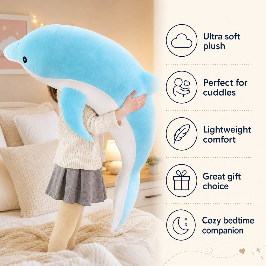 Dolphin Plush Toy in Soft Blue and Pink Colors - Bénéfices produit