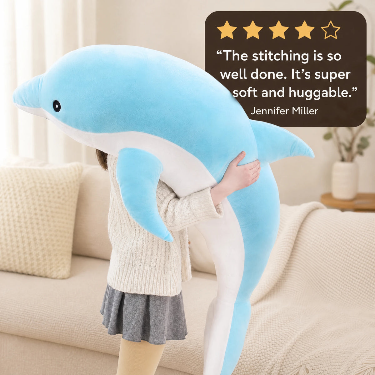 Dolphin Plush Toy in Soft Blue and Pink Colors - Image témoignage