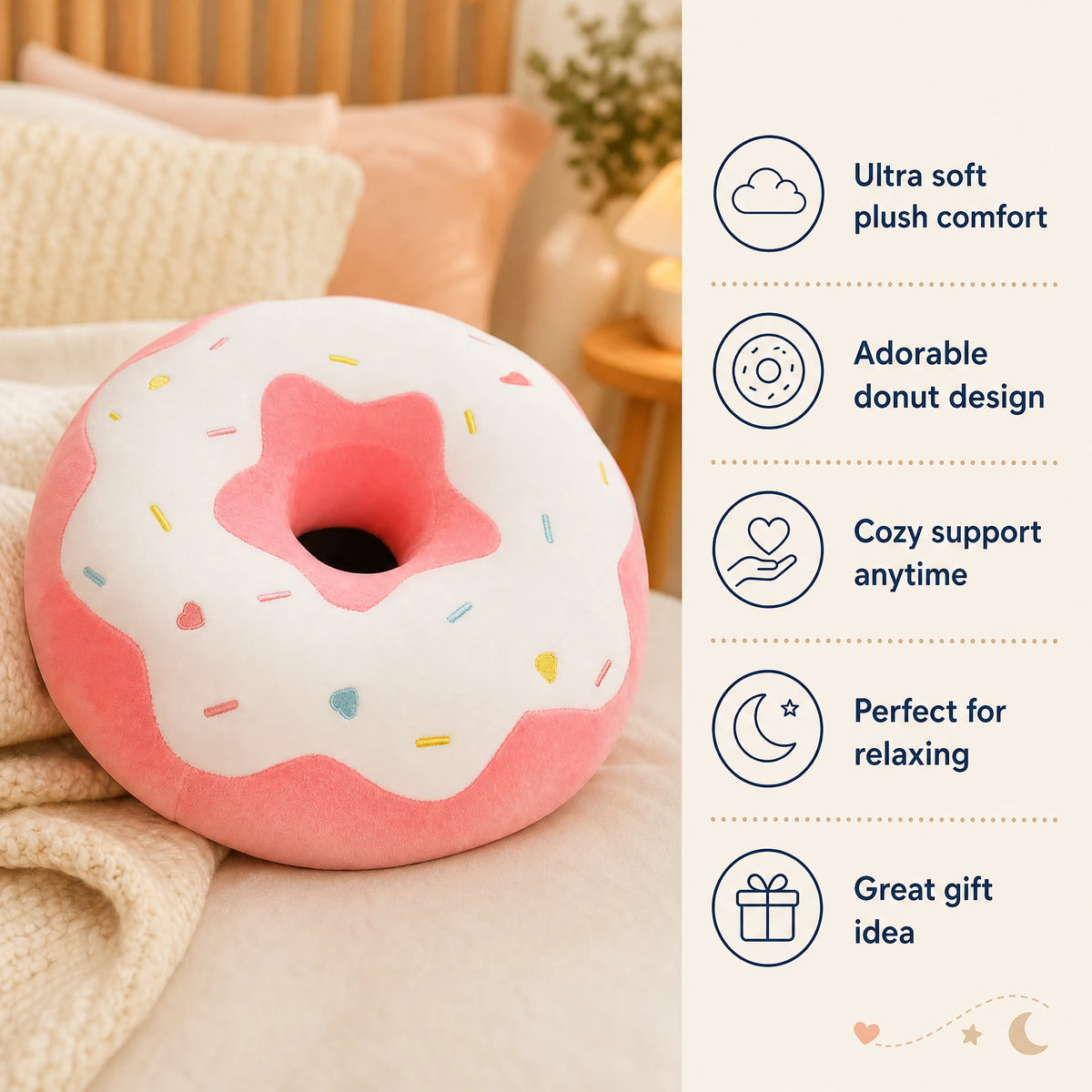 Donut Cushion Plush with Pastel Icing and Sprinkles - Bénéfices produit